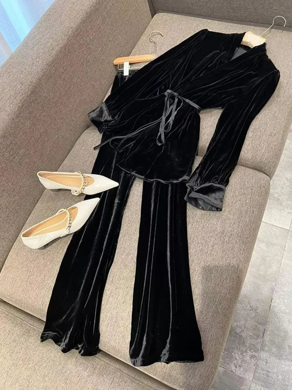 Velvet Wide Leg Pants Suit