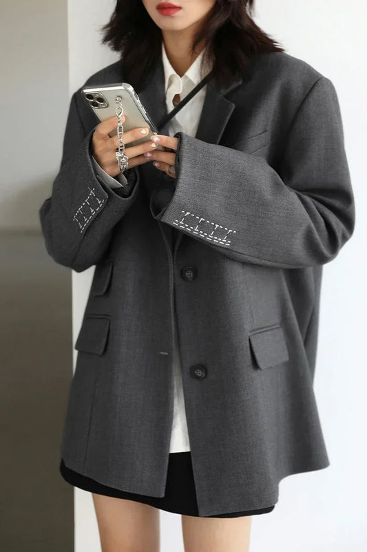 Boring Wide Shoulder Embroidery Cuff Blazer