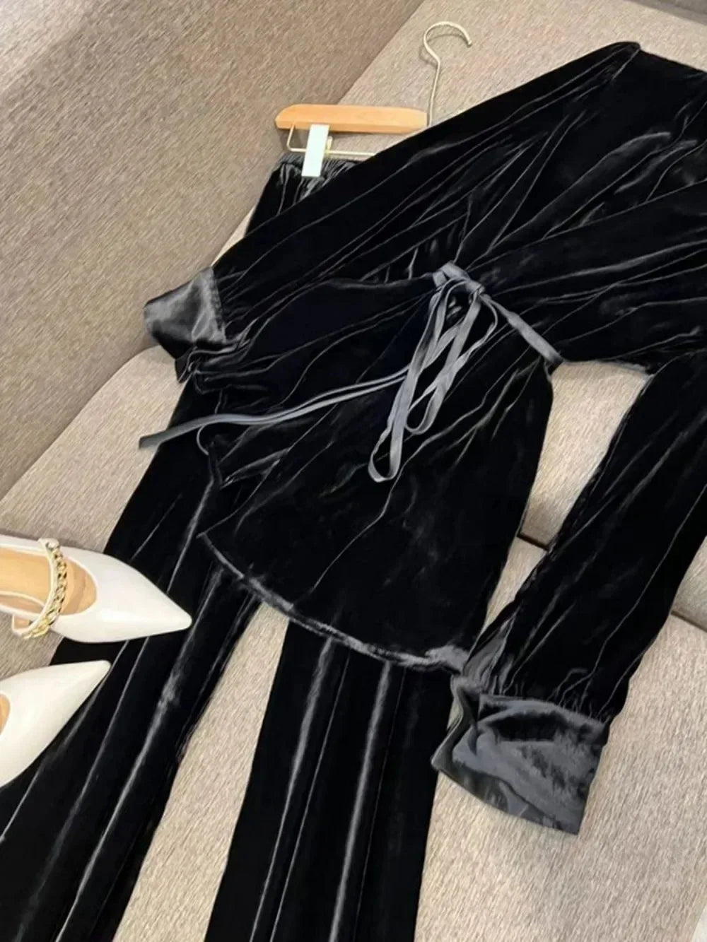 Velvet Wide Leg Pants Suit