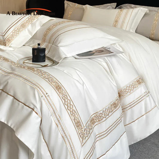 Luxury White Gold Embroidery Hotel Style Bedding