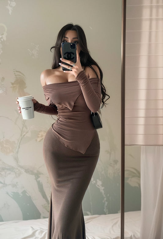 Cuffed off-Shoulder Slim Long Sleeve Top