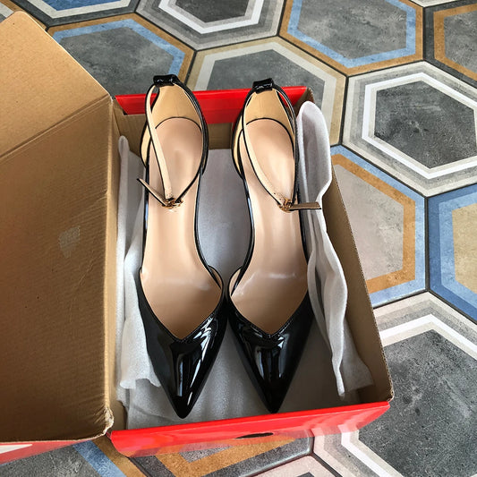 V Cut Glosssy Black Pointy Toe Ankle Strap Heels