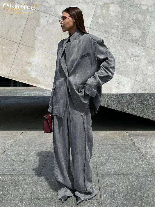 Elegant Gray High Waist Pants Set