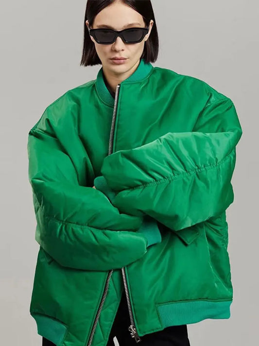 Retro Oversized Solid Zipper Casual Loose Bomber Jacket