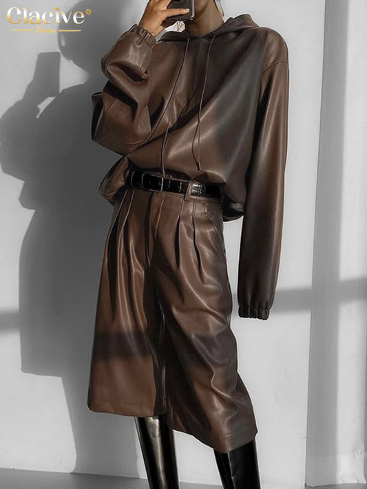 Hooded Brown Pu Leather Pants Set