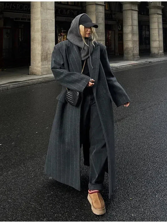Casual Pinstriped Lapel Overcoat