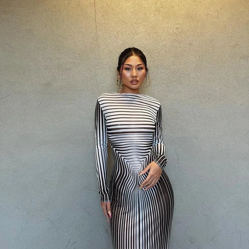 Oshfall O-Collar Long Sleeved Stripe Print Dress