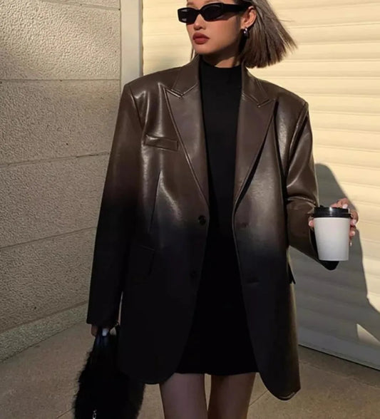 PU Leather Soft Brown Blazer
